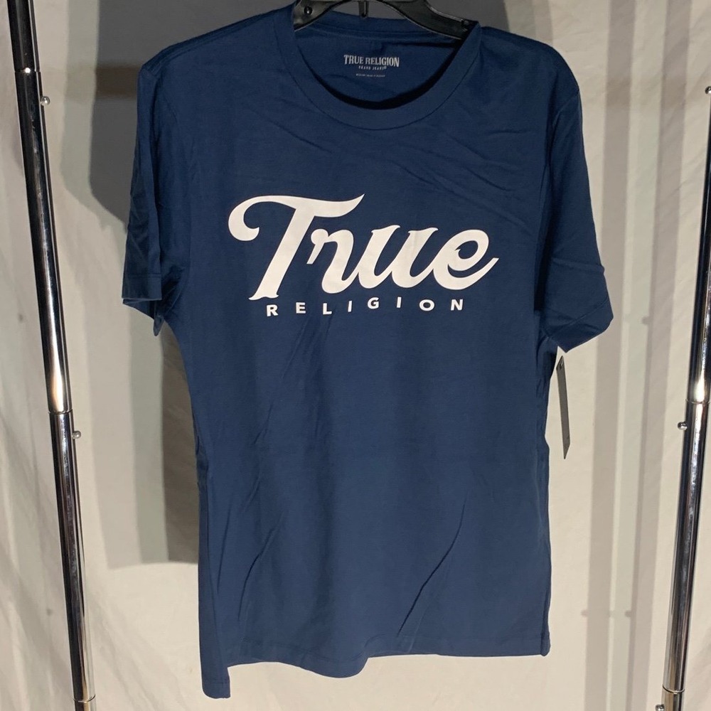 True Religion SS Scripted True Navy White Short Sleeve Tee NWT Mens Medium
